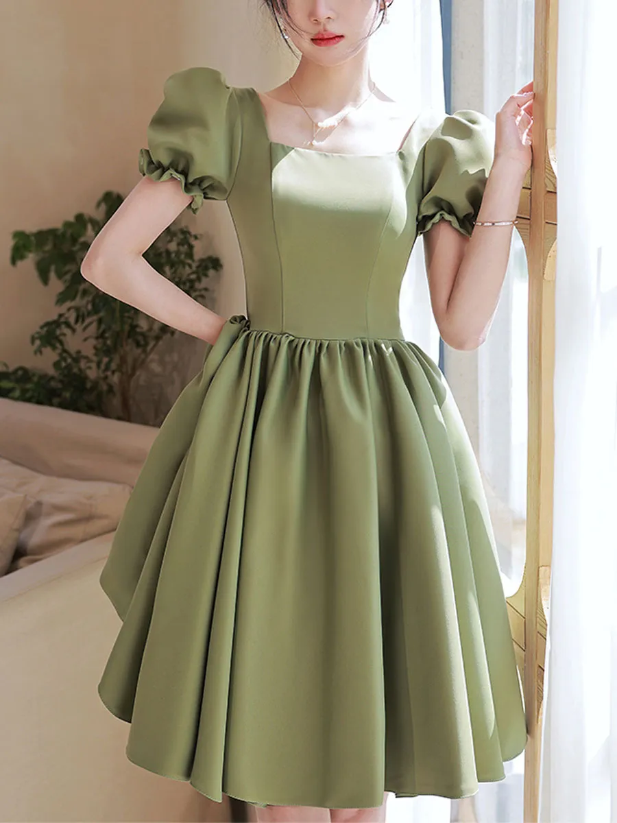 Simple Green Satin Short Prom Dress, Green Satin Bridesmaid Dress