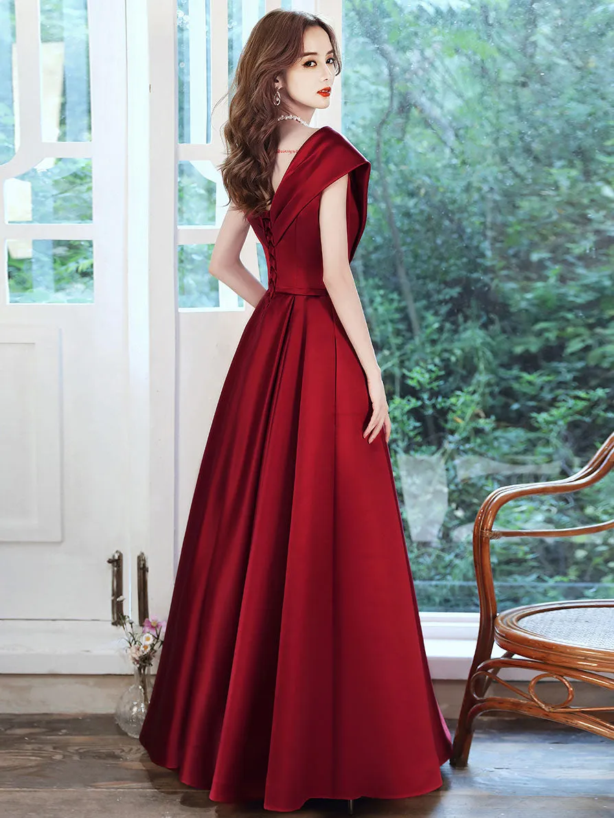 Simple V Neck Burgundy Long Prom Dress, Burgundy A-line Formal Dresses