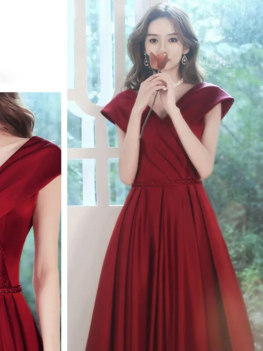 Simple V Neck Burgundy Long Prom Dress, Burgundy A-line Formal Dresses