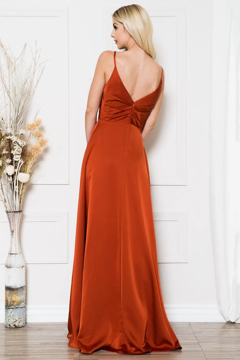 Sleeveless V-Neck Satin Slit Gown by Amelia Couture BZ012