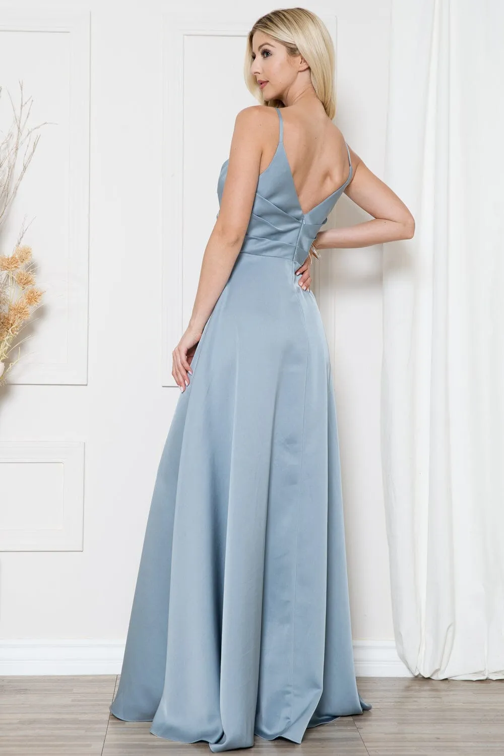 Sleeveless V-Neck Satin Slit Gown by Amelia Couture BZ012