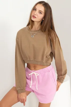 Women's Cozy Round Neck Long Sleeve Cropped Sweatshirt