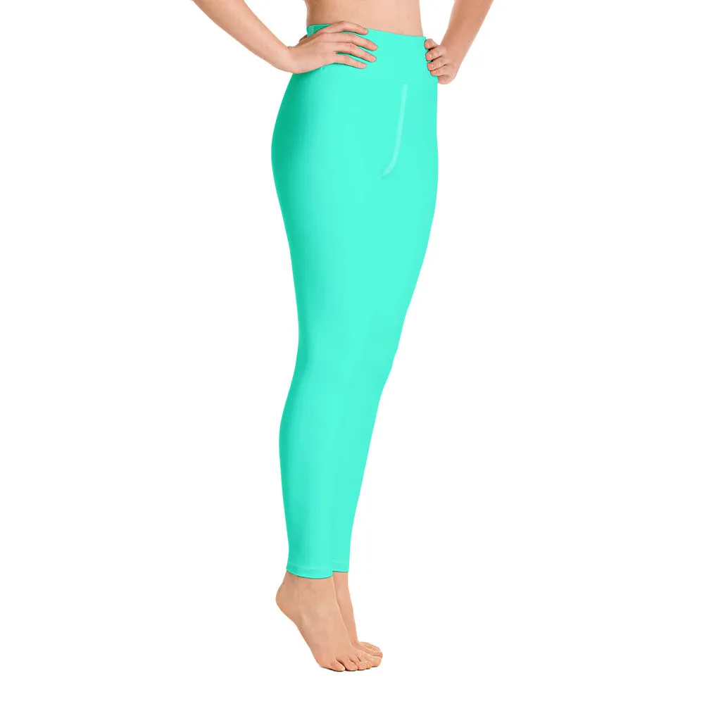 Women's Turquoise Blue Yoga Pants, Bright Solid Color Workout Tights, Made in USA/EU