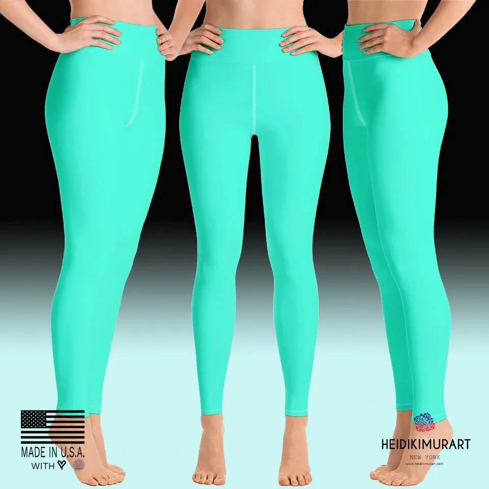 Women's Turquoise Blue Yoga Pants, Bright Solid Color Workout Tights, Made in USA/EU