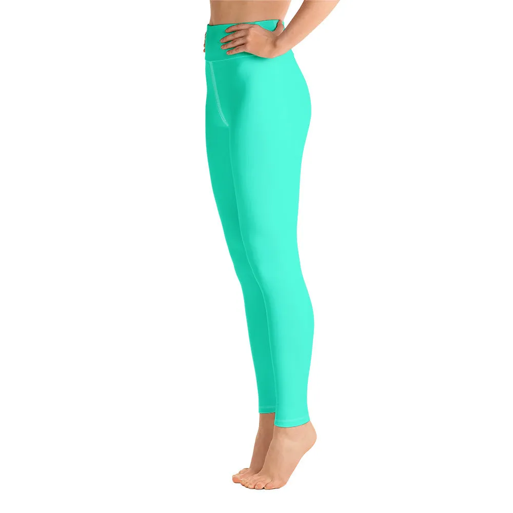 Women's Turquoise Blue Yoga Pants, Bright Solid Color Workout Tights, Made in USA/EU