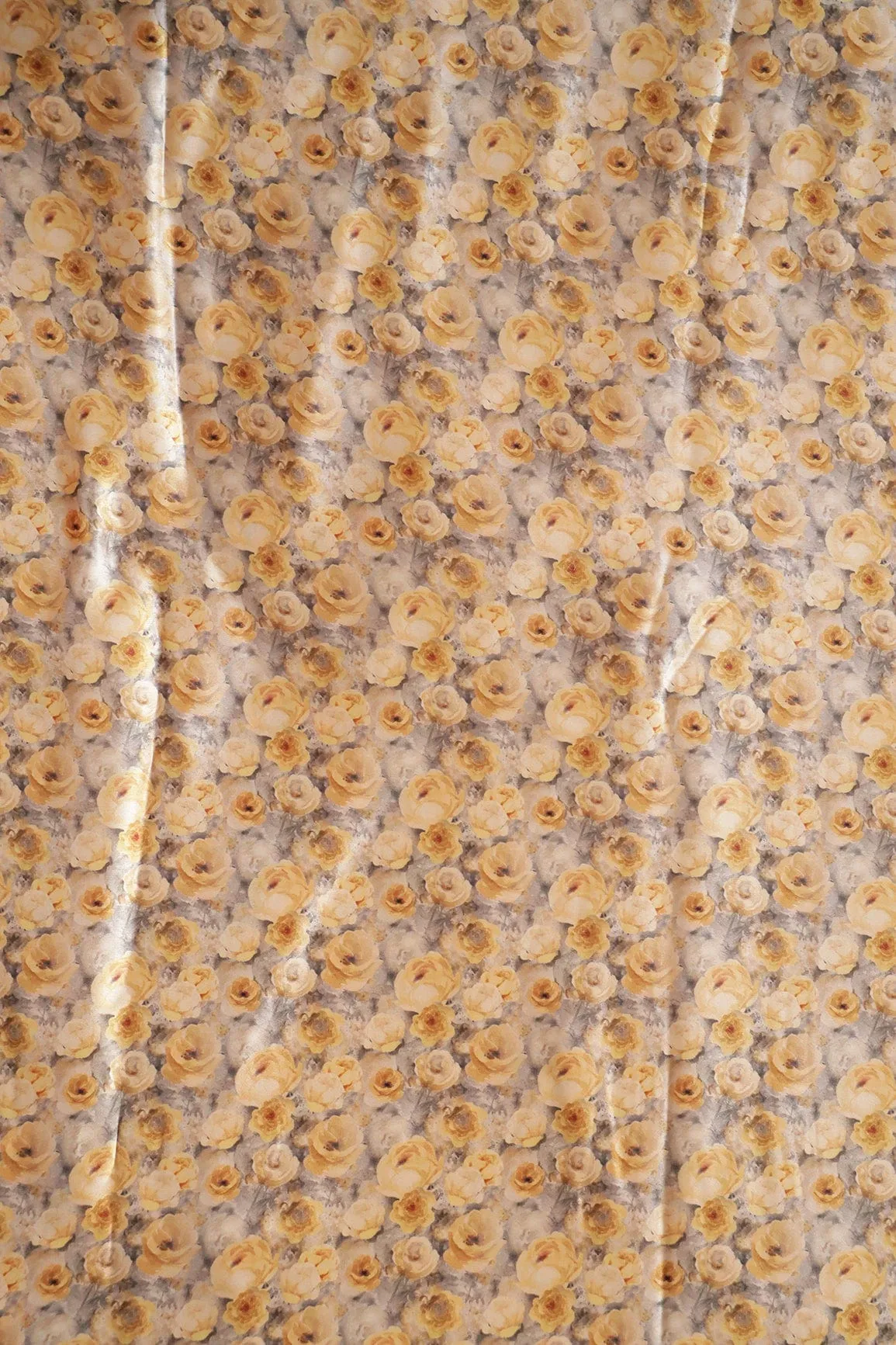 Yellow Floral Pattern Digital Print On Grey Satin Fabric